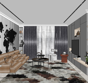 现代简约客厅su草图模型下载