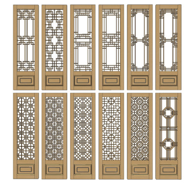 新中式实木镂空屏风,隔断,花格门扇su草图模型下载