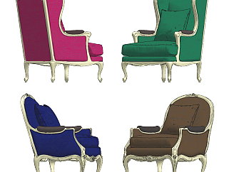 欧式法式美式绒布单人沙发组合su草图模型下载