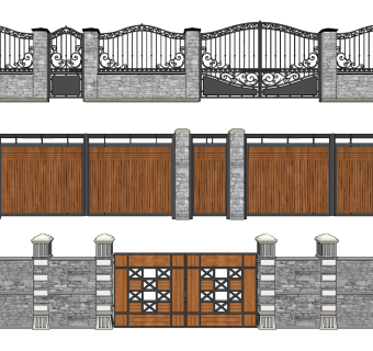 欧式铁艺围墙,院墙，围栏,大门,,su草图模型下载