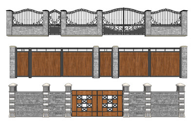 欧式铁艺围墙,院墙，围栏,大门,,su草图模型下载