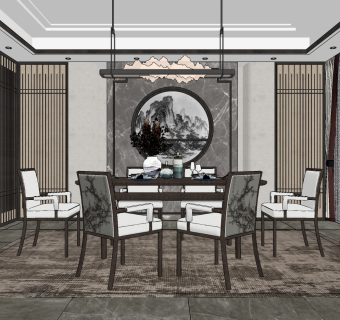 新中式餐厅su草图模型下载