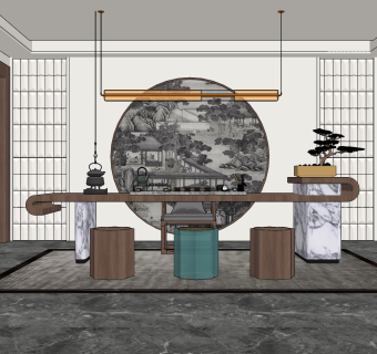 新中式茶室su草图模型下载