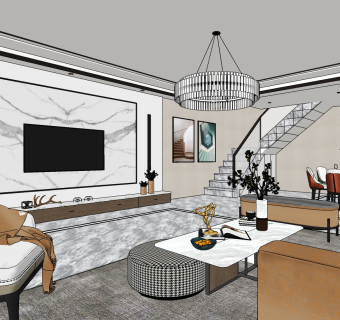 现代轻奢客餐厅su草图模型下载