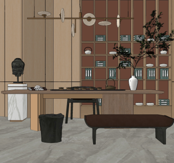 新中式茶室su草图模型下载