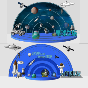 现代宇宙主题星球飞船火箭卫星宇航员美陈舞台背景,su草图模型下载