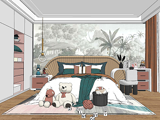 现代简欧式儿童卧室,su草图模型下载