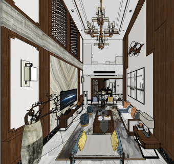 新中式客厅su草图模型下载