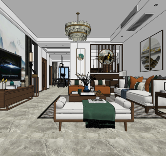 新中式客厅su草图模型下载