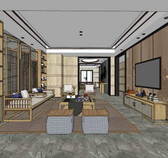 新中式客厅su草图模型下载