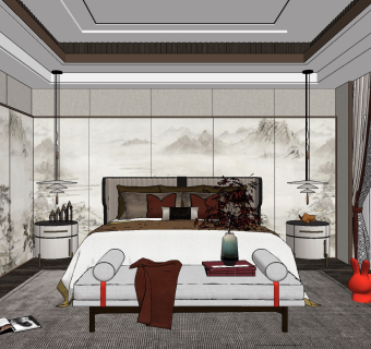 现代新中式卧室su草图模型下载