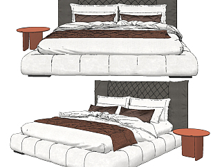 现代布艺双人床,床头柜组合su草图模型下载