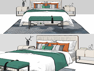 新中式布艺双人床,床头柜组合su草图模型下载