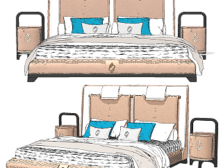 新中式现代布艺双人床，床头柜组合su草图模型下载