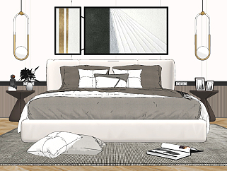 现代布艺双人床,小吊灯,床头柜,组合su草图模型下载