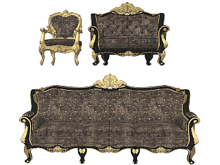 欧式法式古典雕花绒布皮革多人沙发,单人沙发,su草图模型下载