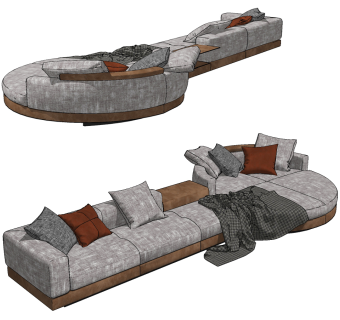 现代布艺多人沙发,抱枕,靠包su草图模型下载