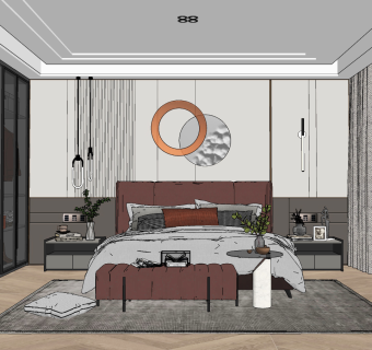 现代卧室,双人床组合su草图模型下载