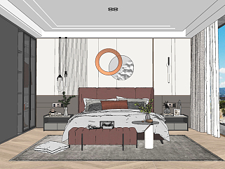 现代卧室,双人床组合su草图模型下载