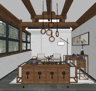 新中式会客厅su草图模型下载