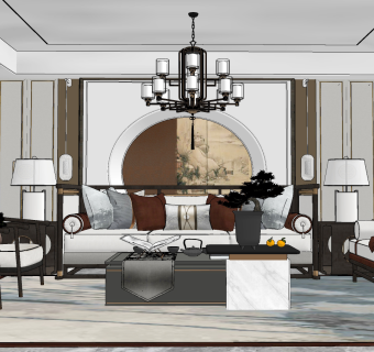 新中式客厅su草图模型下载