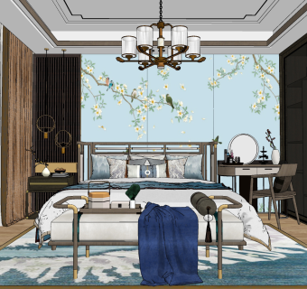 新中式卧室su草图模型下载