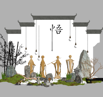 中式景观雕塑小品组合 su草图模型下载
