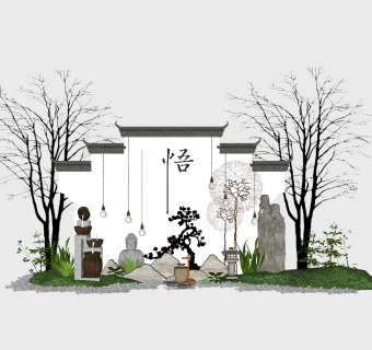 中式景观雕塑小品组合 su草图模型下载