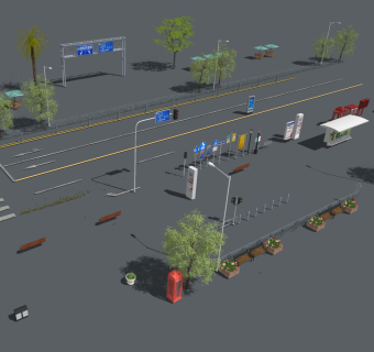 现代道路,指示牌户外树木su草图模型下载