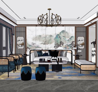 新中式客厅su草图模型下载