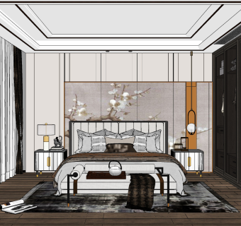 新中式轻奢卧室,su草图模型下载