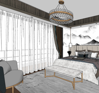 新中式卧室su草图模型下载