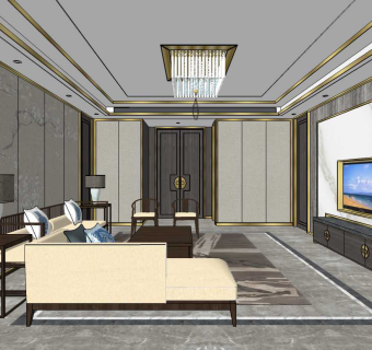 新中式客厅家具沙发吸顶灯su草图模型下载