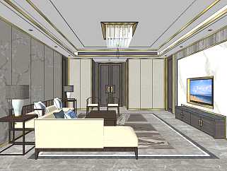 新中式客厅家具沙发吸顶灯su草图模型下载