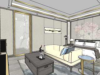 新中式样板间卧室双人床su草图模型下载