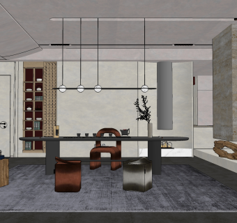 新中式茶室su草图模型下载