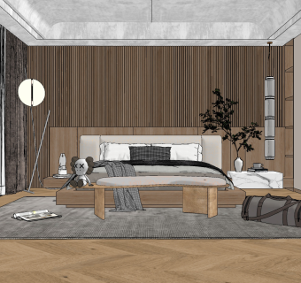 现代侘寂风卧室 ,su草图模型下载