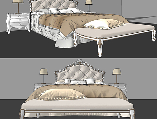 法式古典雕花皮革双人床su草图模型下载