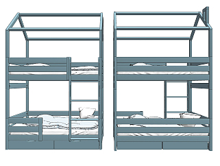 现代极简木架子上下铺双人床,su草图模型下载