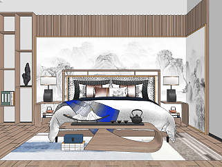 新中式实木双人床,床具,su草图模型下载