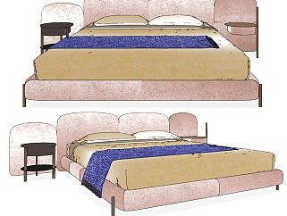 现代绒布双人床,床具组合su草图模型下载