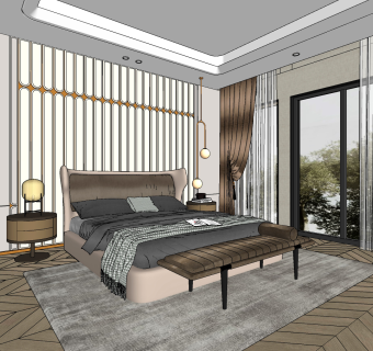 现代布艺双人床,床具su草图模型下载