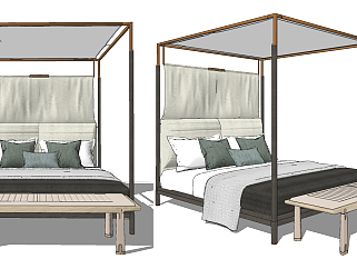 新中式木架子布艺双人床,床具su草图模型下载