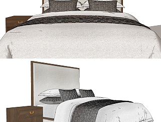 新中式布艺双人床,床头柜,床具su草图模型下载