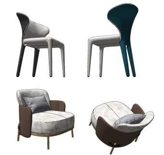 现代轻奢单椅,单人沙发组合su草图模型下载