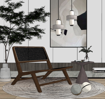 现代藤编单椅边几组合su草图模型下载