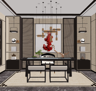 新中式茶室,su草图模型下载