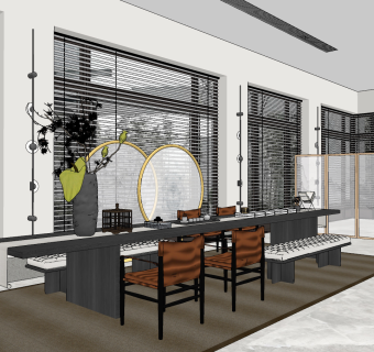 新中式茶室茶台su草图模型下载