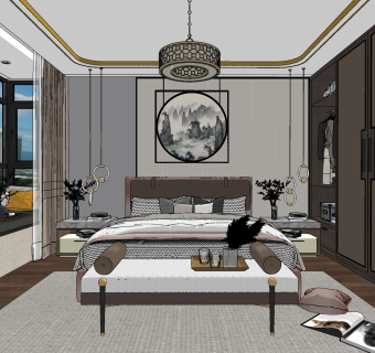 新中式卧室su草图模型下载