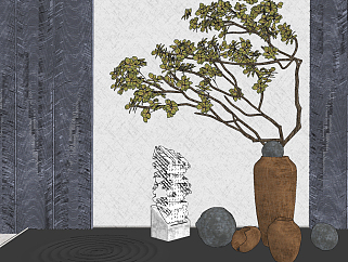 新中式景观<em>小品</em>陶罐子植物雕塑组合,su草图模型下载